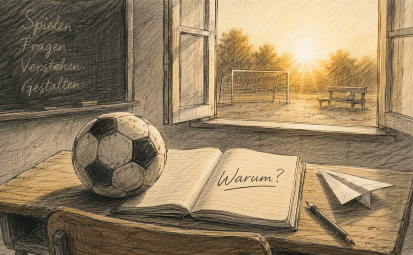 Symbolische Illustration einer Schulbank mit Fußball und Schulheft „Warum?“ als Sinnbild für Selbstwirksamkeit, Bildung, Leidenschaft und die Zukunft Deutschlands in Schule, Wirtschaft und Fußball.