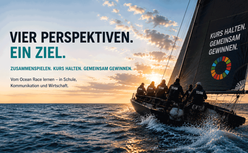 Segelcrew auf dem Meer mit der Botschaft „Vier Perspektiven. Ein Ziel.“ – gemeinsam Kurs halten und gewinnen.
